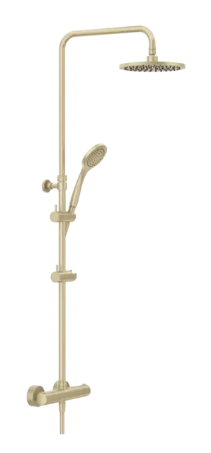 Душевая система Gessi Minimalistic Shower, настенный термостат, стойка с верхним душем Ø200 мм, автоматический переключатель, шланг, ручная лейка, цвет Brushed Brass PVD