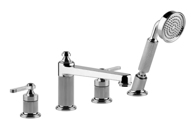 Смеситель для ванны Gessi Venti20, на 4 отверстия, с изливом, переключателем, шлангом и душевой лейкой, цвет Chrome