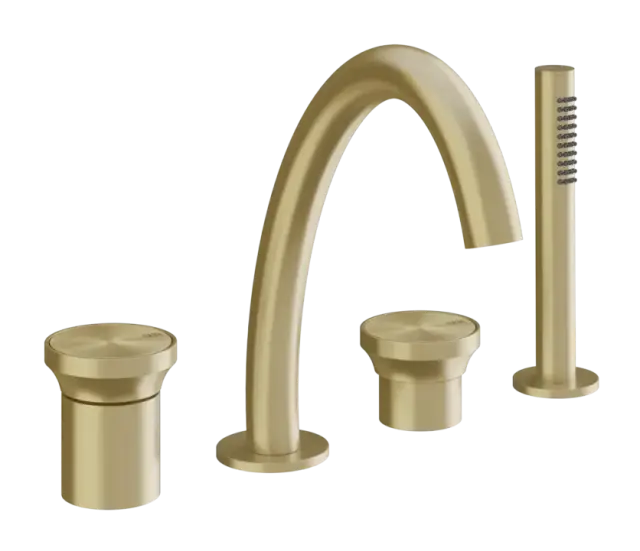 Смеситель для ванны Gessi Origini, на 4 отверстия, с переключателем, изливом, гибким шлангом и душевой лейкой, цвет Brass Brushed PVD