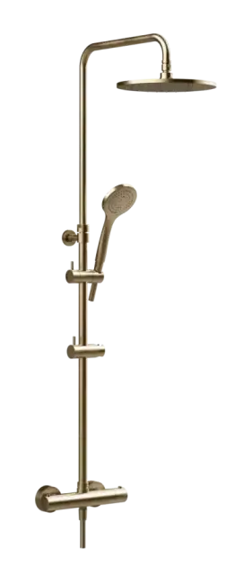 Душевая система Gessi Minimalistic Shower, настенный термостат, стойка с верхним душем Ø250 мм, автоматический переключатель, шланг, ручная лейка, цвет Warm Bronze Brushed PVD