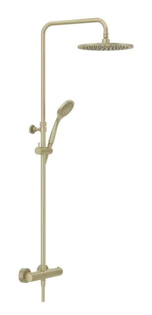 Душевая система Gessi Minimalistic Shower, настенный термостат, стойка с верхним душем Ø250 мм, автоматический переключатель, шланг, ручная лейка, цвет Brushed Brass PVD