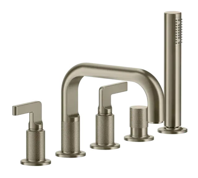 Смеситель для ванны Gessi Inciso, на 5 отверстий, с изливом и ручным душем, цвет Finox Brushed Nickel