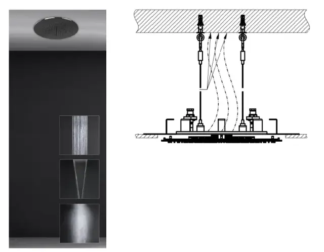 Скрытая часть верхнего душа Gessi Minimali Ø500 мм, с режимами Тропический ливень, Водопад, Распыление, цвет Mirror Steel