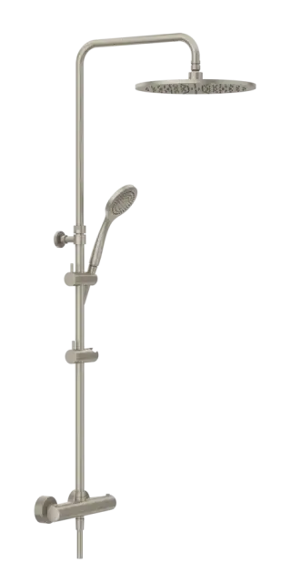 Душевая система Gessi Minimalistic Shower, настенный термостат, стойка с верхним душем Ø300 мм, автоматический переключатель, шланг, ручная лейка, цвет Finox Brushed Nickel