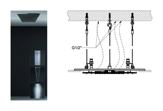 Скрытая часть душевой системы Gessi Minimali 500х500 мм, с режимами Тропический ливень, Водопад, Распыление, цвет Mirror Steel
