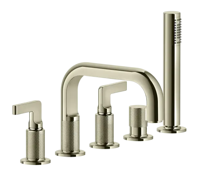 Смеситель для ванны Gessi Inciso, на 5 отверстий, с изливом и ручным душем, цвет Nickel PVD