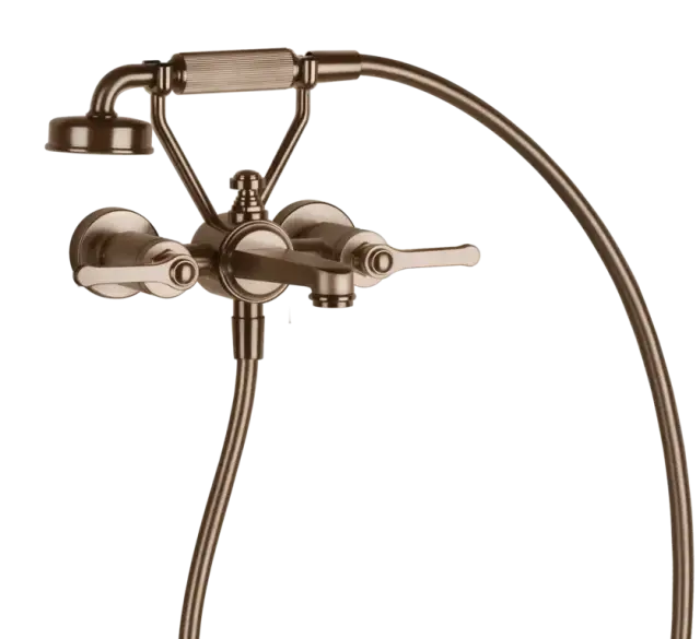 Смеситель для ванны Gessi Venti20, настенный, на 2 позиции с переключателем ванна-душ, подводом воды и держателем лейки, цвет Copper Brushed PVD