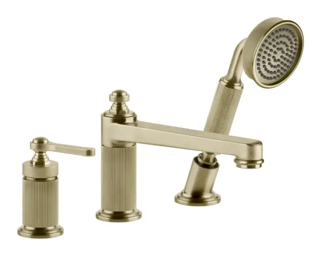 Смеситель для ванны Gessi Venti20, с изливом, дивертором, выдвижным ручным душем, цвет Brushed Brass PVD