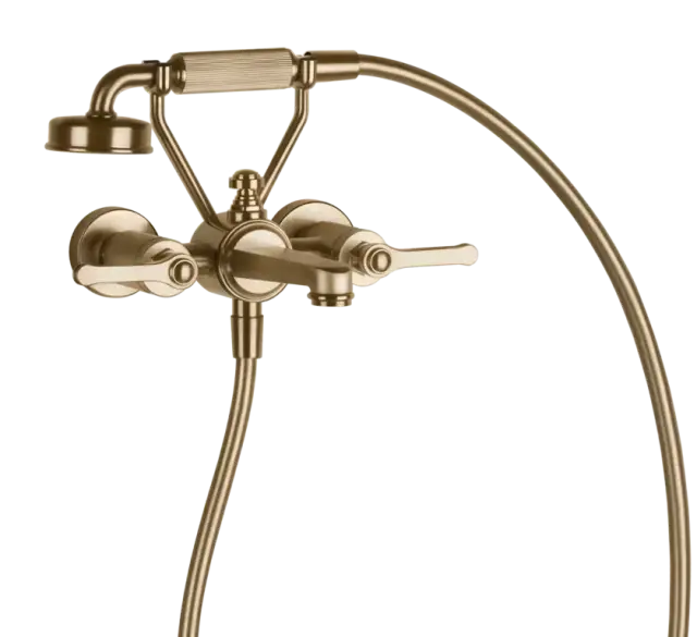 Смеситель для ванны Gessi Venti20, настенный, на 2 позиции, с переключателем ванна-душ, подводом воды и держателем лейки, цвет Warm Bronze Br. PVD