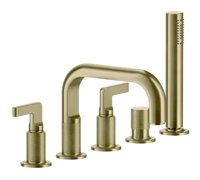 Смеситель для ванны Gessi Inciso, на 5 отверстий, с изливом и ручным душем, цвет Brushed Brass PVD