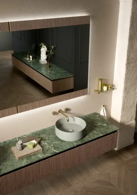 Композиция №8 Oasis Naos Комплект мебели 245х56xh32см, подвесной, мраморный топ verde alp, цвет: золото матовое/орех трубчатый